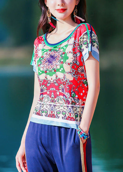 Style Orange O-neck Print T Shirt Short Sleeve