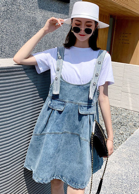 Diy Blue Oversized Patchwork Denim Strap Dress Two Piece Set Clothing Summer