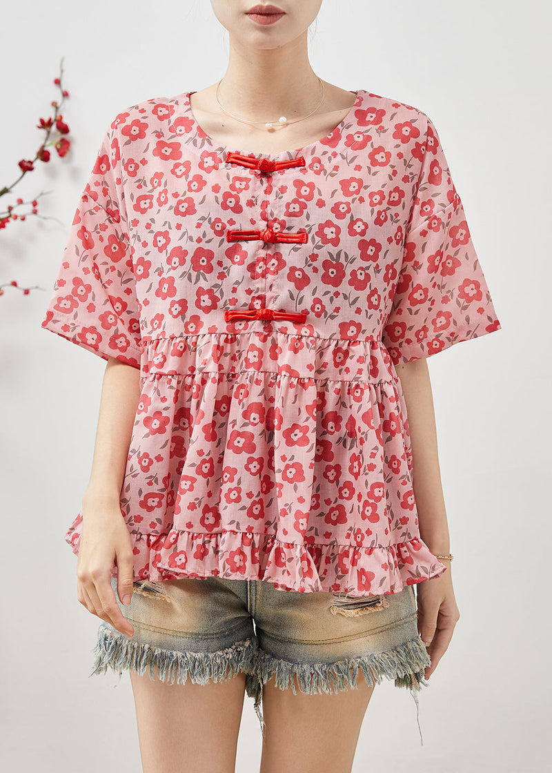 Red Cotton Blouses Chinese Button Summer