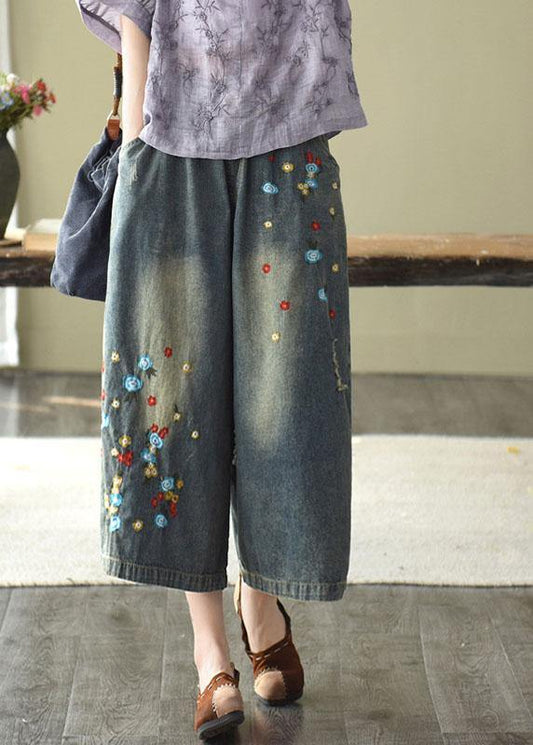 Comfy Dark Color Embroideried Hole Wide Leg Denim Pants