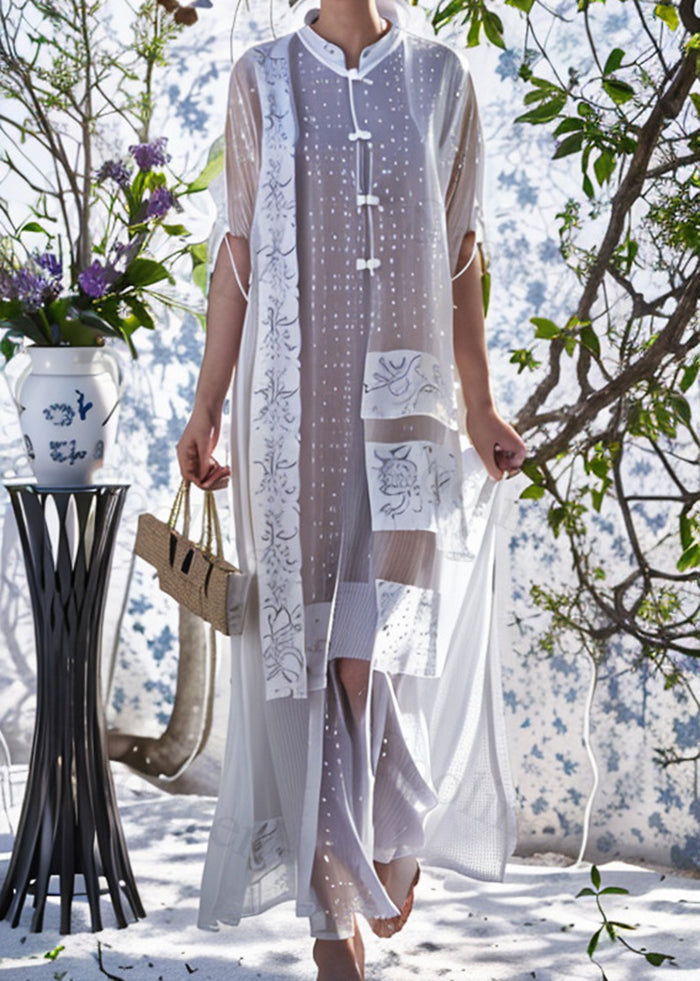 White Mandarin Collar Print Silk Long Dress Summer