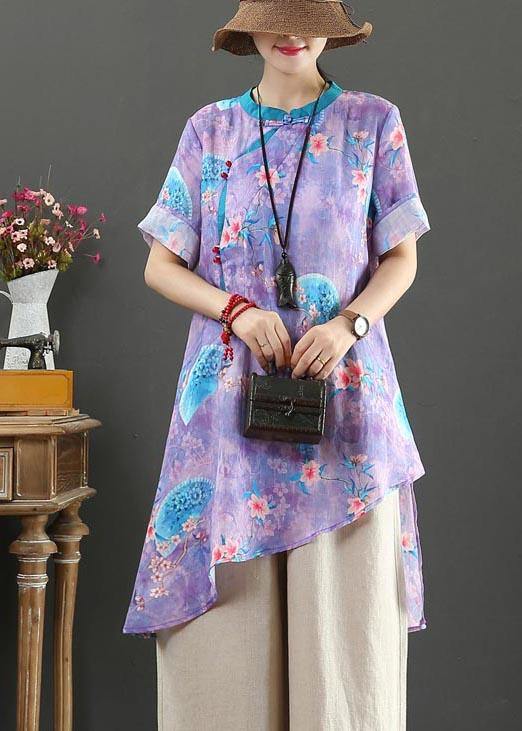 Purple Print Linen Asymmetrical Design Shirt Summer