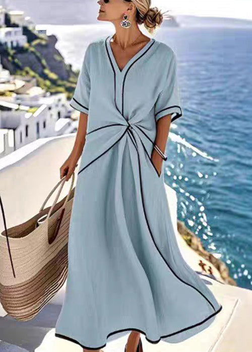 Apricot V Neck Wrinkled Pockets Cotton Long Dress Summer