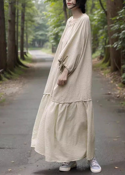 Beige O-neck Drawstring Patchwork Maxi Dress Bracelet Sleeve