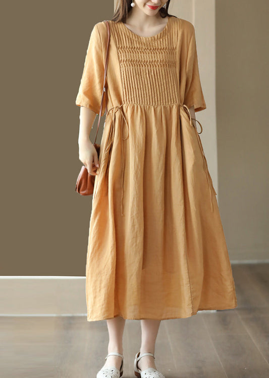 Simple Yellow O-neck Patchwork Linen Long Dresses Summer