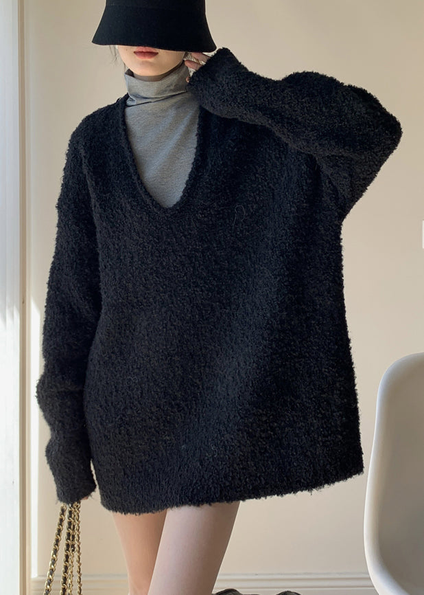 Simple Black V Neck Knit Sets 2 Pieces Winte