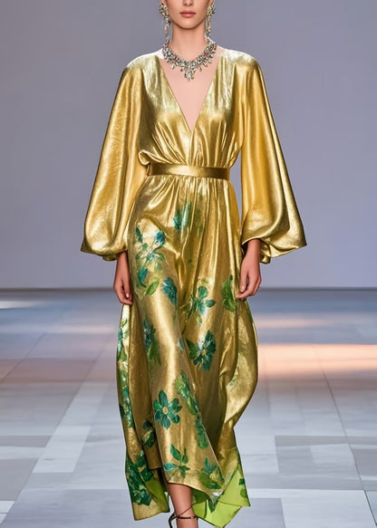 Golden Cinched Print Silk Party Dress Lantern Sleeve Spring