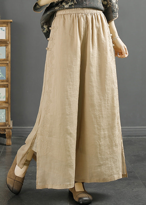 Blackish Green Embroideried Side Open Linen Crop Pants Spring