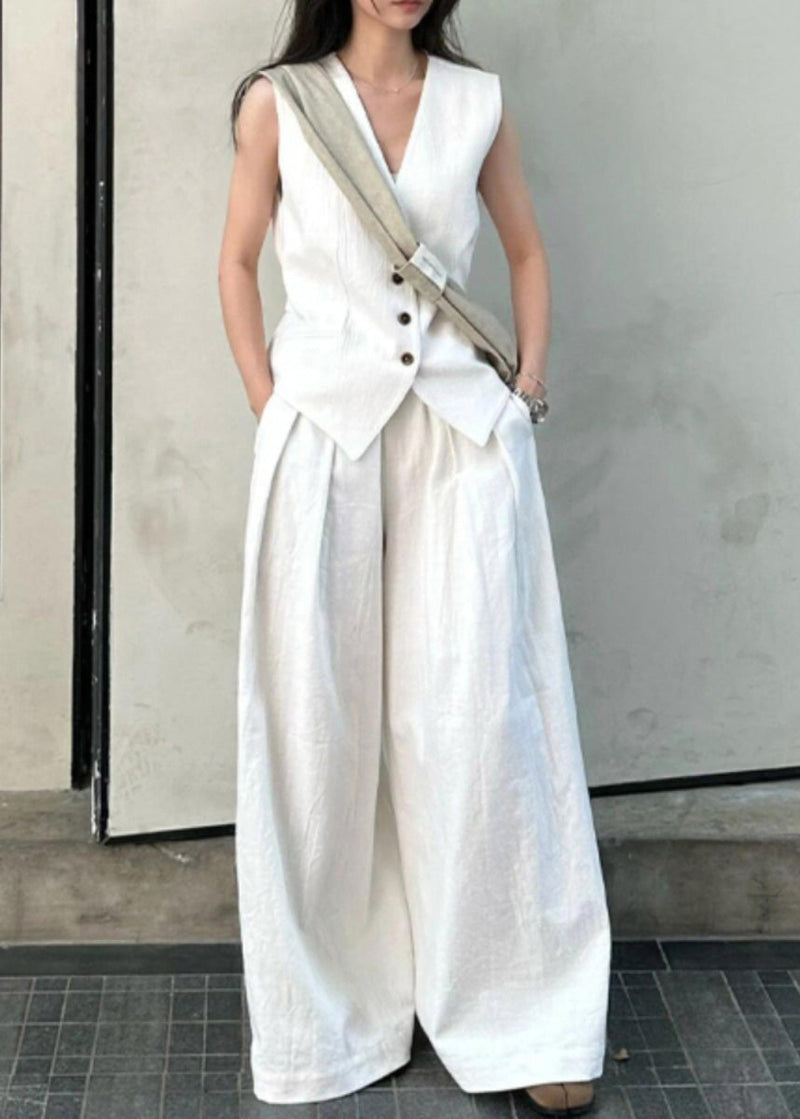 Vogue White V Neck Button Linen Waistcoat and Wide Leg Pants Two Piece Set Summer