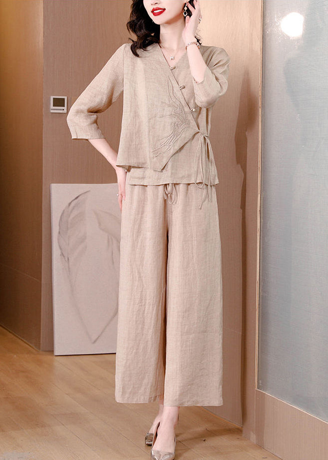 Beige Asymmetrical Tie Waist Linen Two Pieces Set Spring