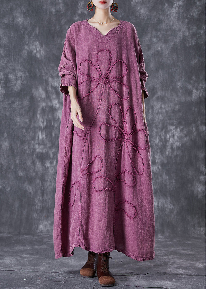 Organic Purple Embroideried Linen Maxi Dresses Fall