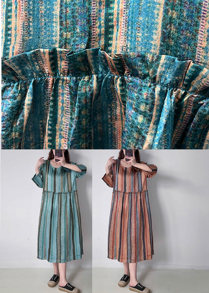 Orange Striped Patchwork Silk Cotto Long Dresses Long Sleeve