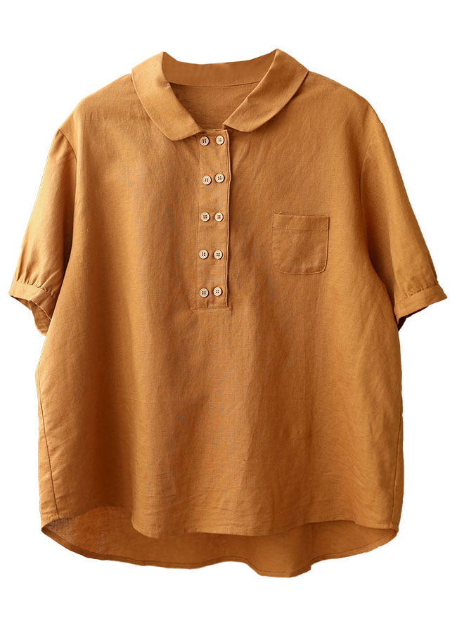 French Orange Color Turn-down Collar Double Breast Cotton Blouses Short Sleeve