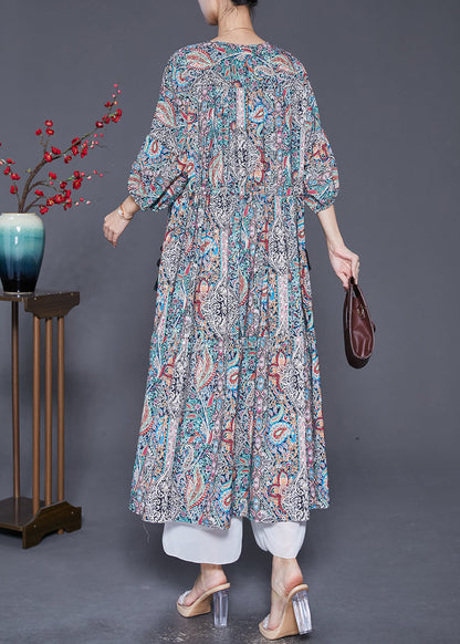 V Neck Drawstring Print Vacation Dress Lantern Sleeve