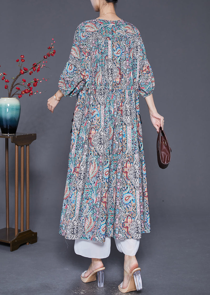 V Neck Drawstring Print Vacation Dress Lantern Sleeve