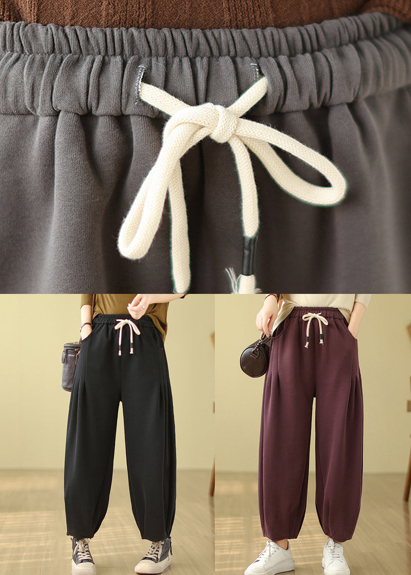 Grey Pockets Elastic Waist Warm Fleece Pants Winter
