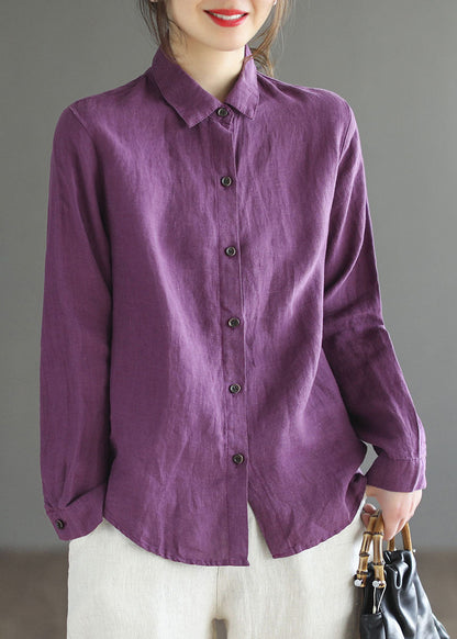 Purple Button Peter Pan Collar Linen Shirt Top Long Sleeve