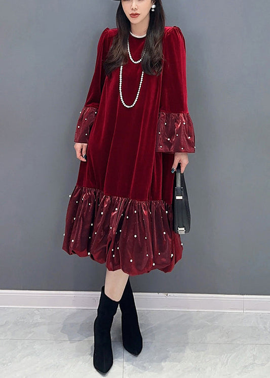 French Red Wrinkled Zircon Patchwork Silk Velour Dress Spring