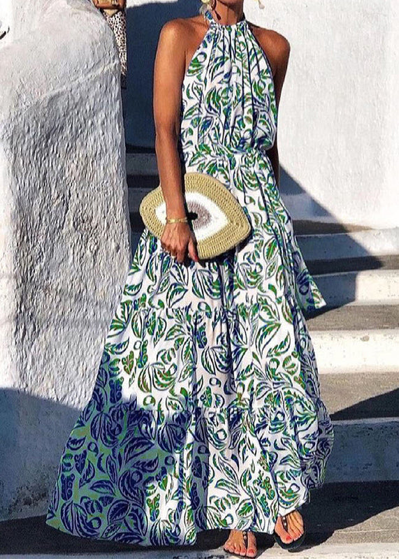Italian Green Backless Print Cotton Maxi Halter Dresses Summer