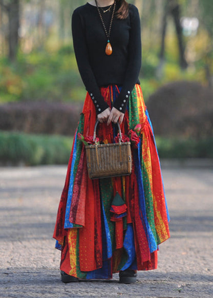Multi Color Wrinkled Patchwork Exra Large Hem Cotton Maxi Skirt Spring