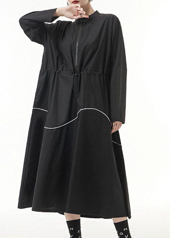 Unique Black Drawstring Zippered Stand Collar Dress Spring