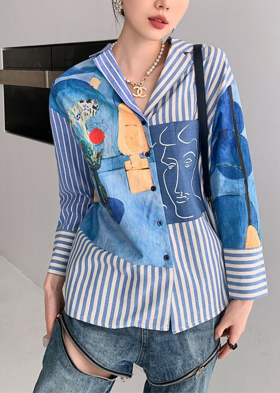 Blue Peter Pan Collar Striped Print Cotton Shirts Spring