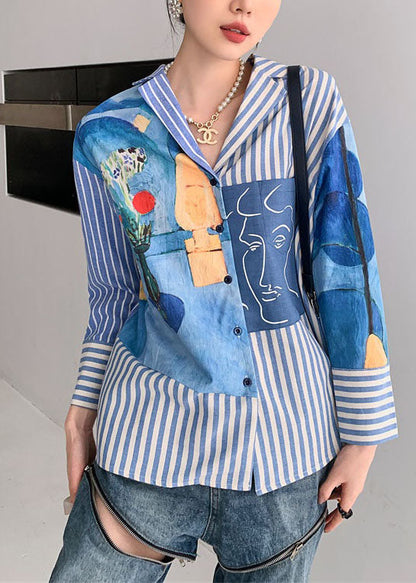 Blue Peter Pan Collar Striped Print Cotton Shirts Spring
