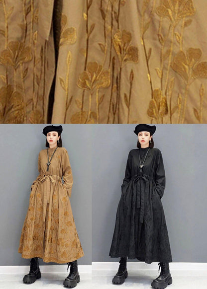 Classy Brown Pockets Tie Waist Embroideried Fall Long Sleeve Long Dress