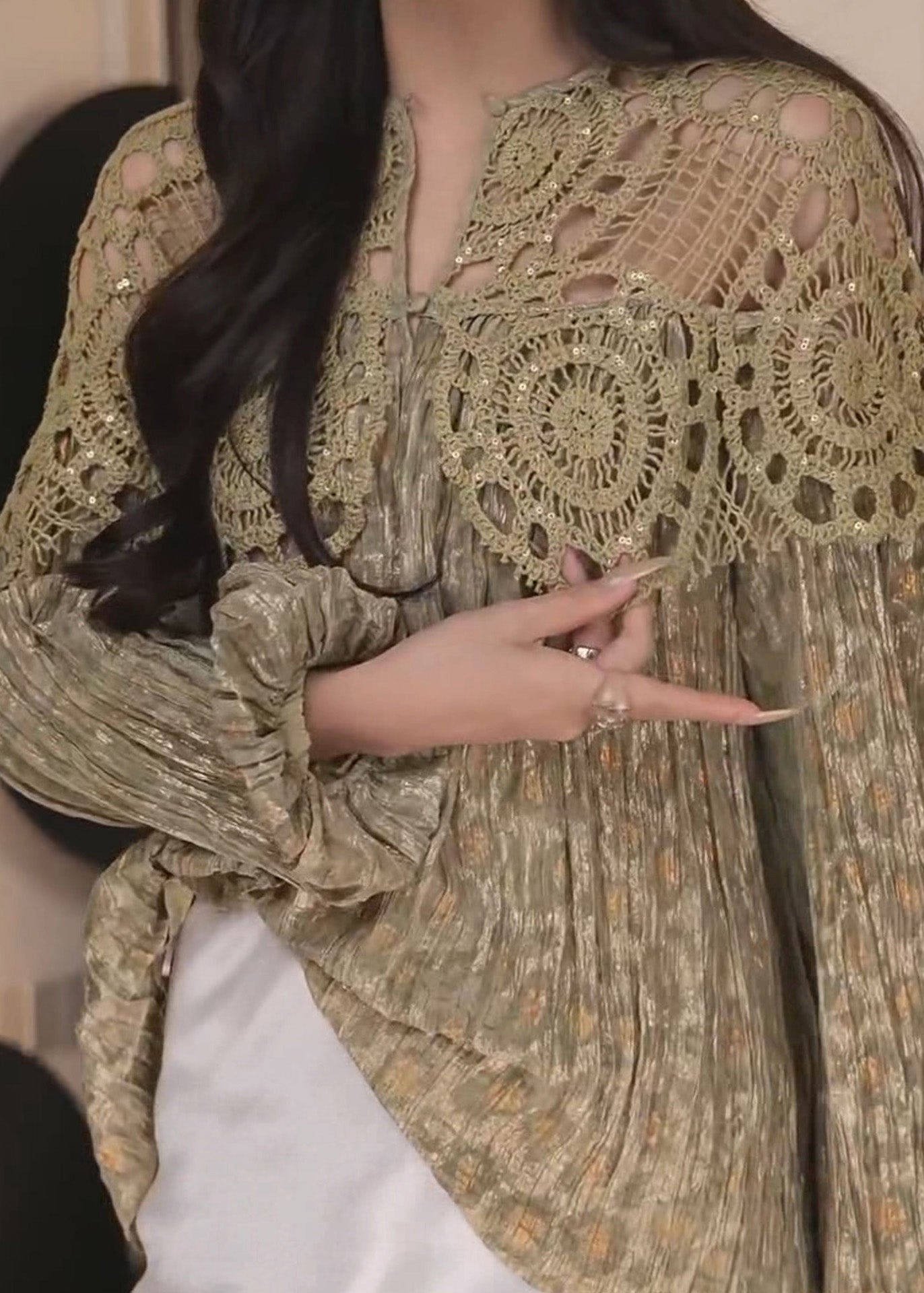 Green V Neck Hollow Out Patchwork Cotton Shirt Fall