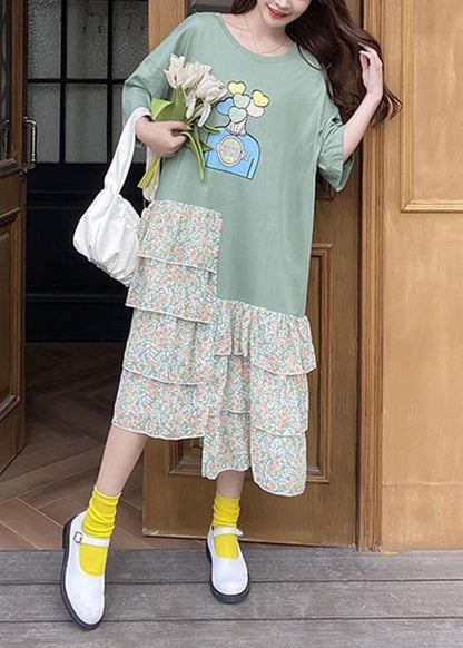 Green Asymmetric Print Ankle Dress Summer