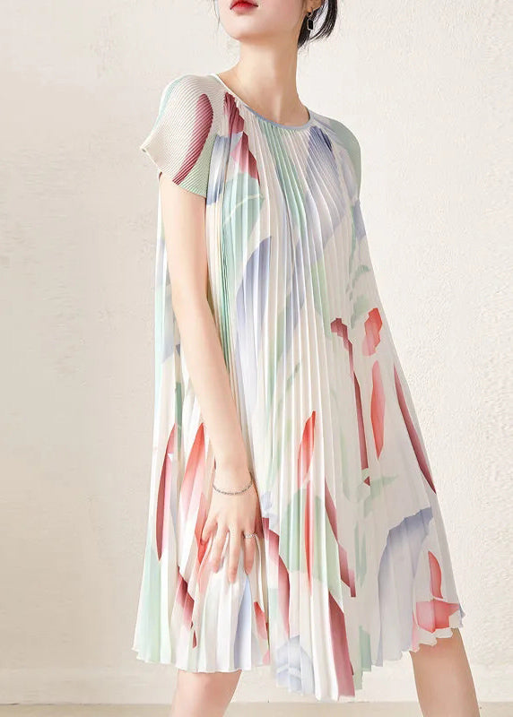 Apricot Print Wrinkled Party Mid Dress Short Sleeve