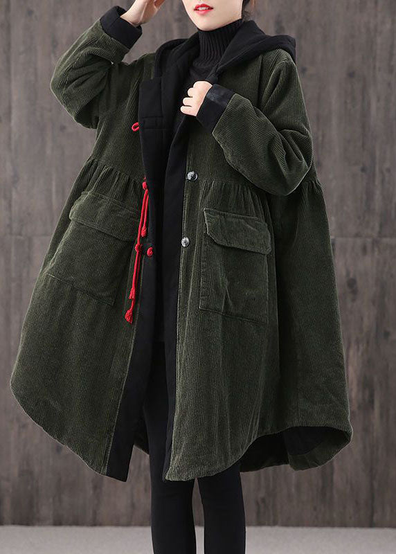 Tea Green Hooded Button Pockets Patchwork Winter Cotton Parka Long Sleeve Coat
