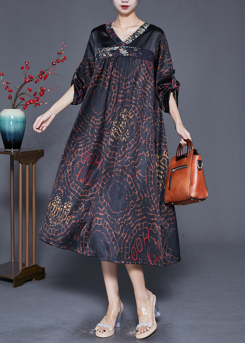 Black V Neck Patchwork Print Silk Dress Fall