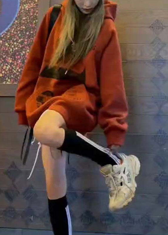 Art Brick Red Hooded Pockets Print Fall Sweatshirt Street Wear