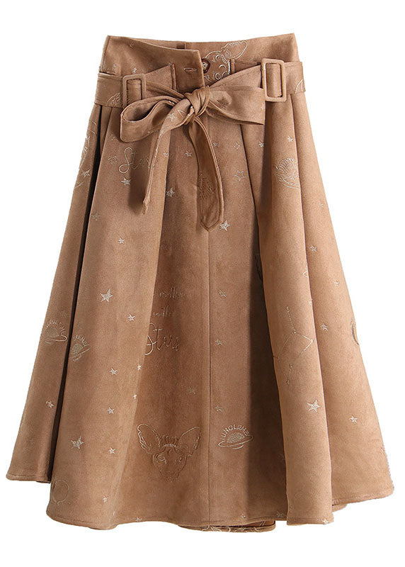 Simple Khaki Tie Waist Embroideried Corduroy Skirts Spring