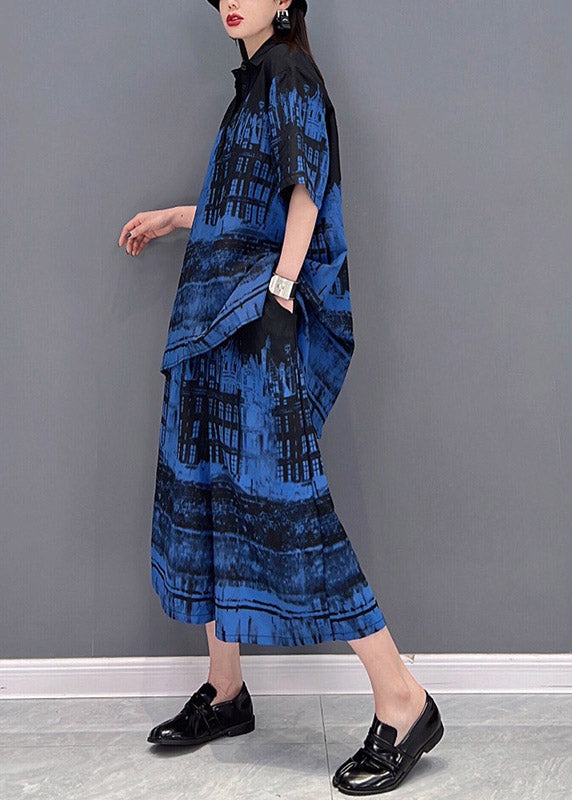 Art Blue Peter Pan Collar Top and Wide Leg Pants Two Piece Set Summer