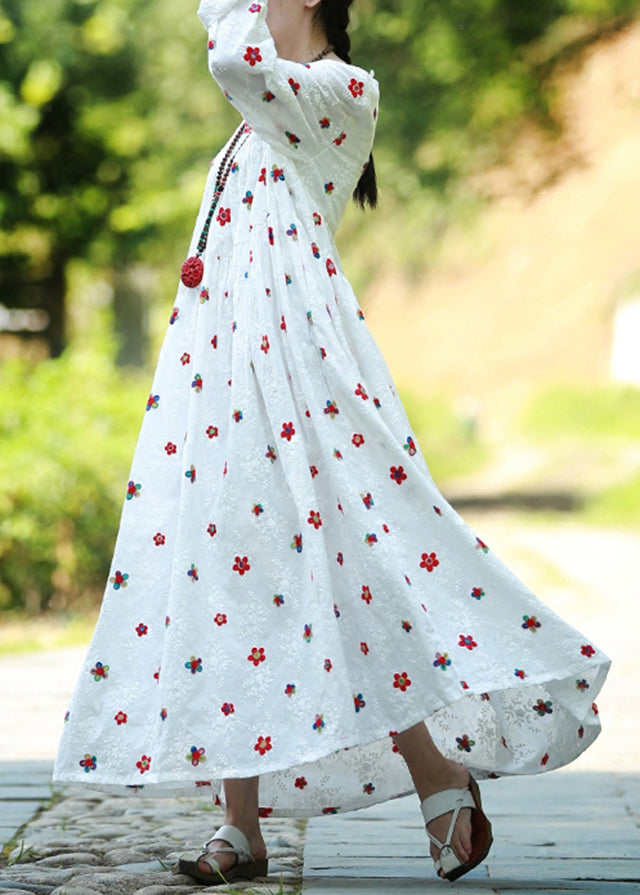 White Cinched Embroidery High-waisted Long Dresses Long Sleeve