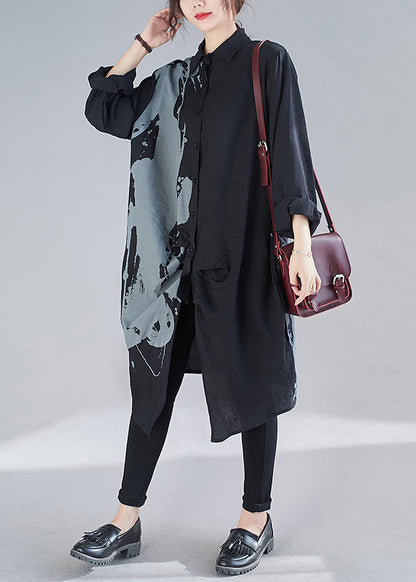 Black Peter Pan Collar Print Patchwork Cotton Shirts Dresses Fall