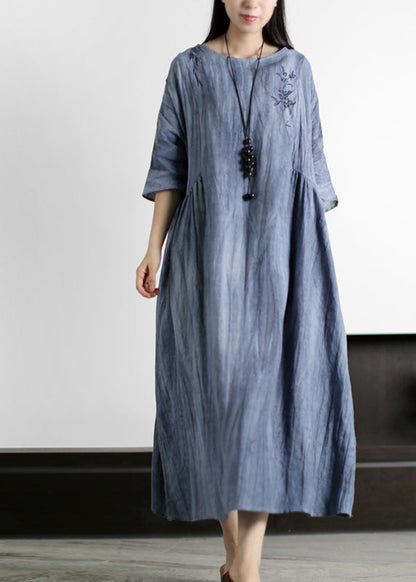 Grey O-neck Wrinkled Embroideried Linen Dress Half Sleeve