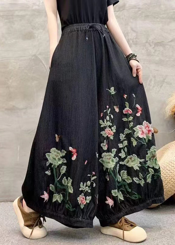 Blue Embroidered Elastic Waist Denim Wide Leg Pants Spring