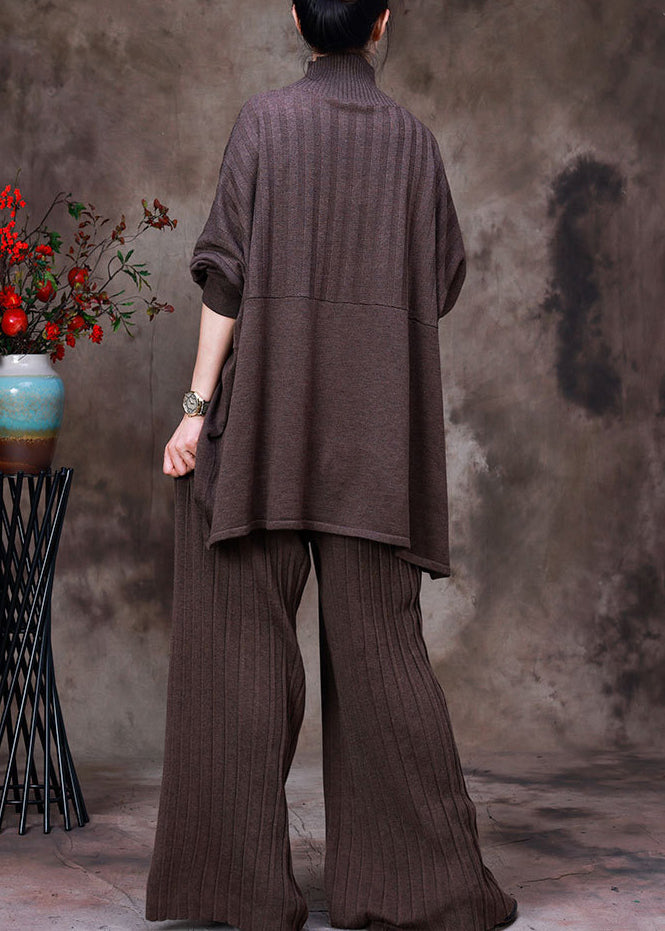 Dark Chocolate Colour Asymmetrical Knit Sweaters and Pants Two Piece Set Fall