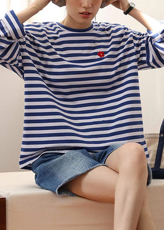 Blue White Striped Embroideried Loose Cotton Top Long Sleeve Spring