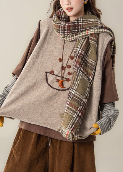Apricot Jacquard Knit Vest and Coffee T Shirt Patchwork Two Piece Set