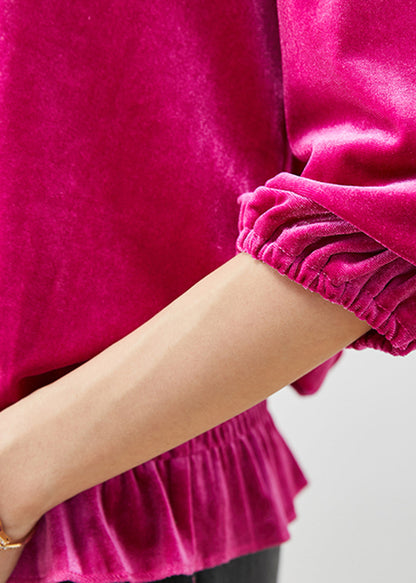Dragon Fruit Color V Neck Nail Bead Silk Velour Shirts Fall