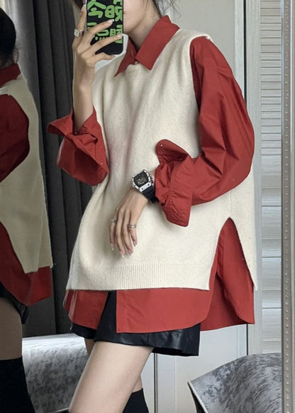 Side Open Apricot Knit Waistcoat and Red Shirts Two Pieces Set Fall