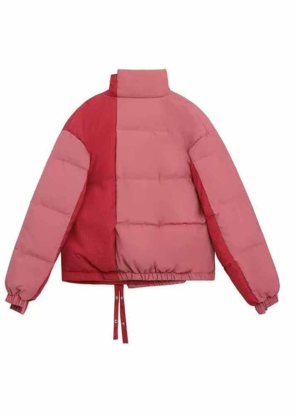 Pink Stand Collar Pockets Fine Cotton Filled Jacket Winter