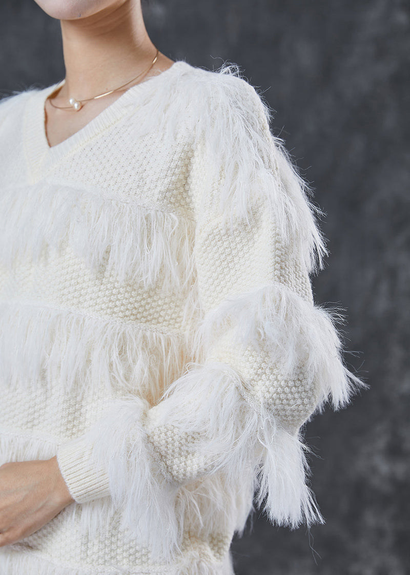 Simple White V Neck Patchwork Knit Sweater Tops Winter