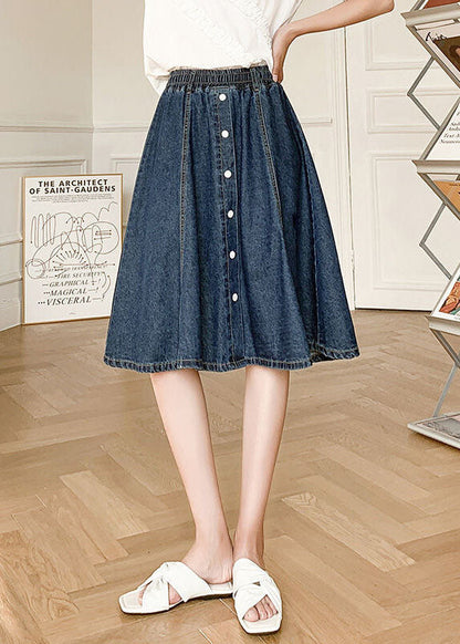 Natural Navy Elastic Waist Button Cotton Denim Skirts Summer