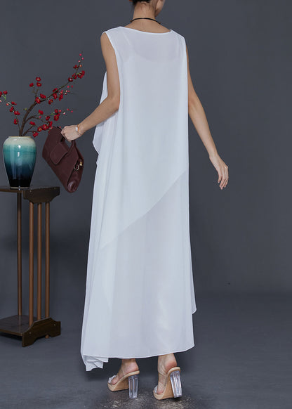 White Asymmetrical Design Draping Chiffon Dresses Summer