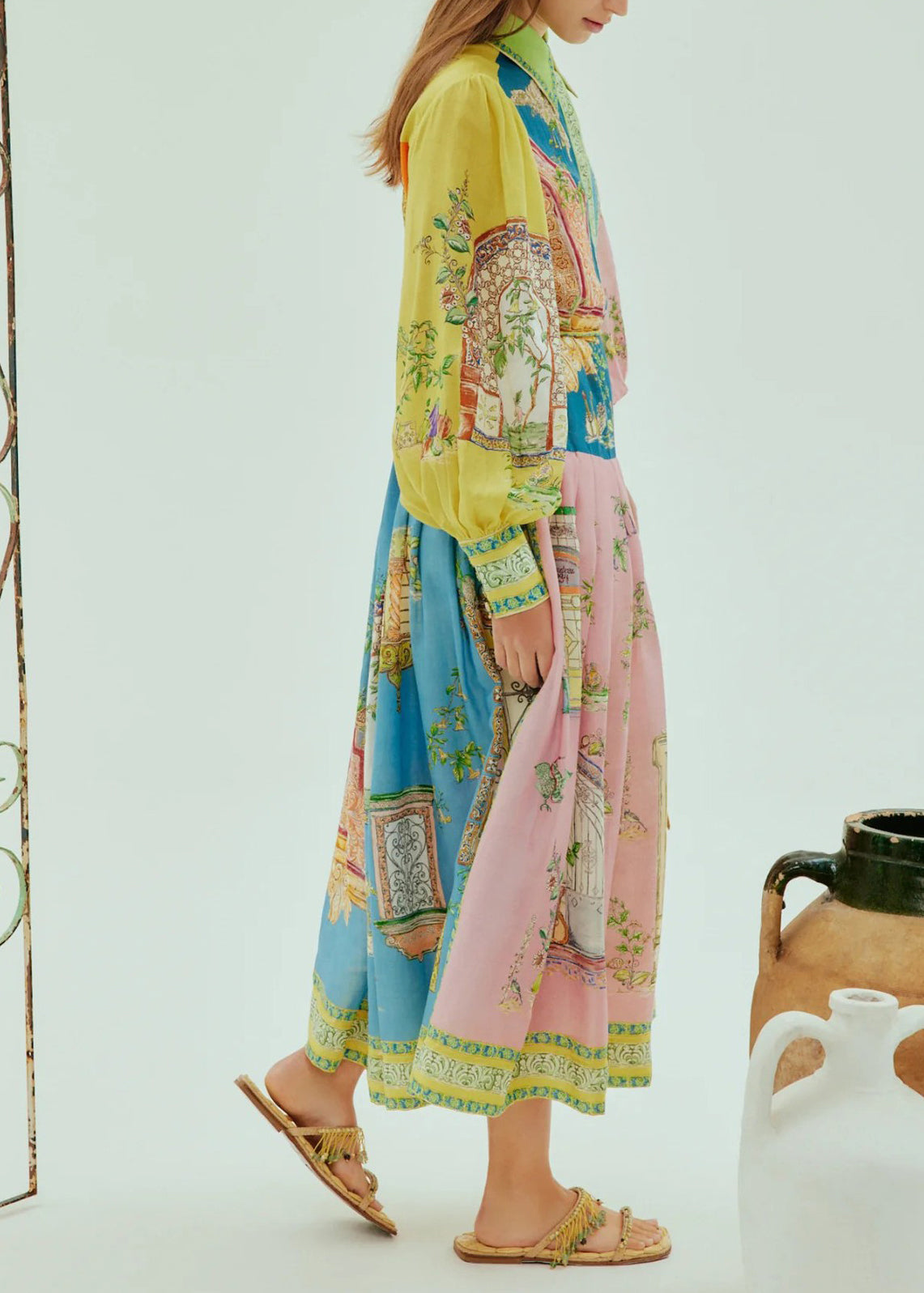 Lantern Sleeve Graffiti Printed Wrinkled Lace Up Dress Spring